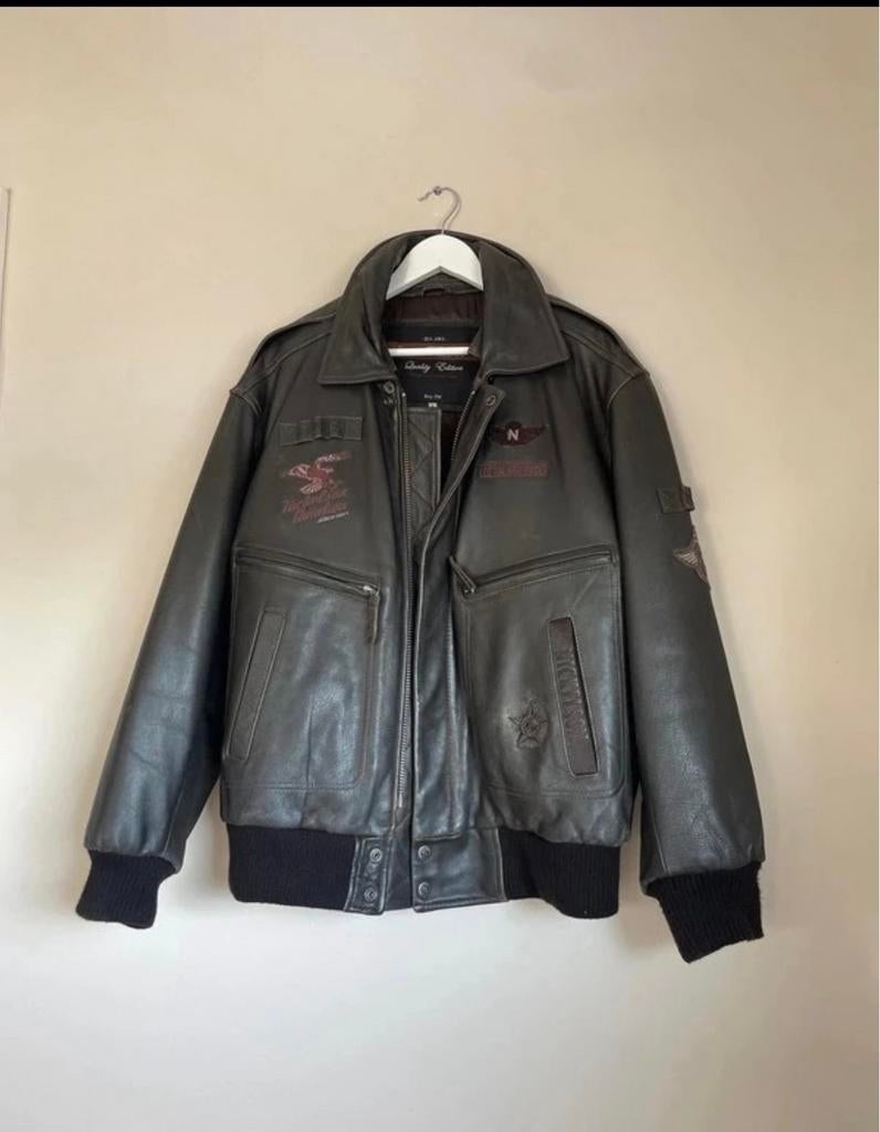 Bruine/ zwarte stoere/ leren jas Nickelson, Kleding | Heren, Ophalen of Verzenden, Gedragen, Maat 52/54 (L), Bruin