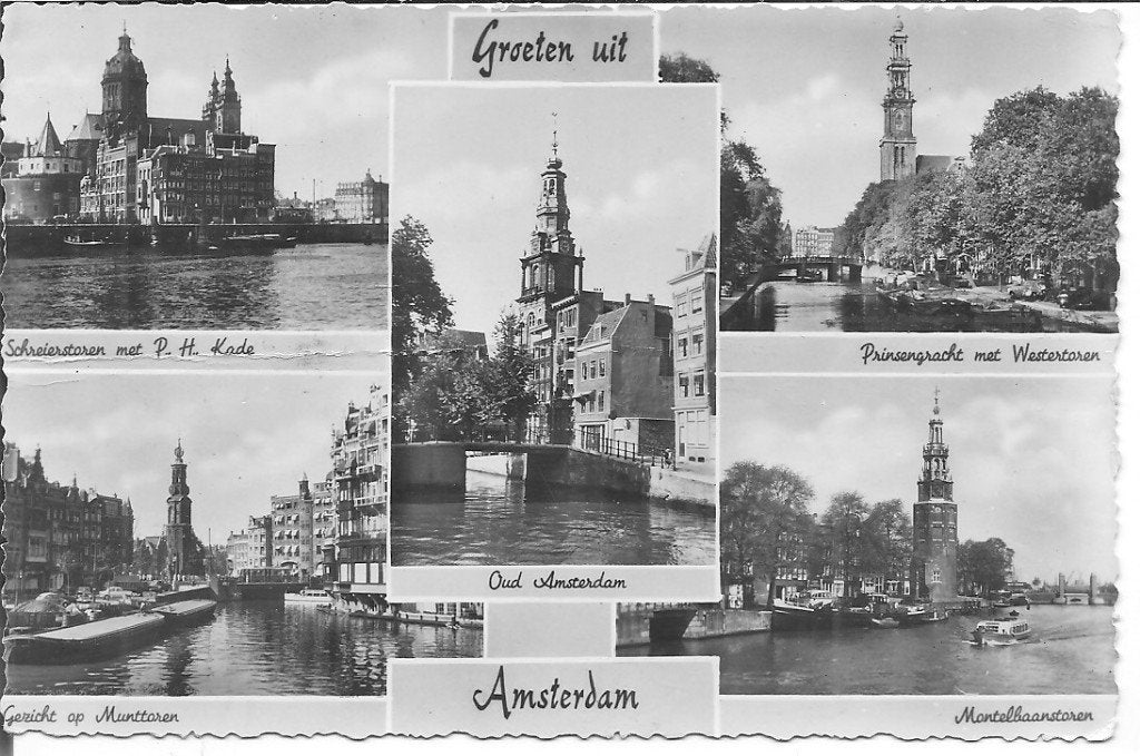 Oude ansichtkaart Amsterdam - Groeten uit Oud Amsterdam 1954, Verzamelen, Ophalen of Verzenden, 1940 tot 1960, Gelopen, Noord-Holland