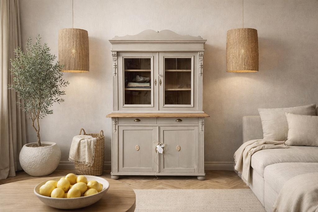 Buffetkast servieskast vitrinekast brocante antiek taupe, Ophalen, 100 tot 150 cm, 200 cm of meer, Zo goed als nieuw