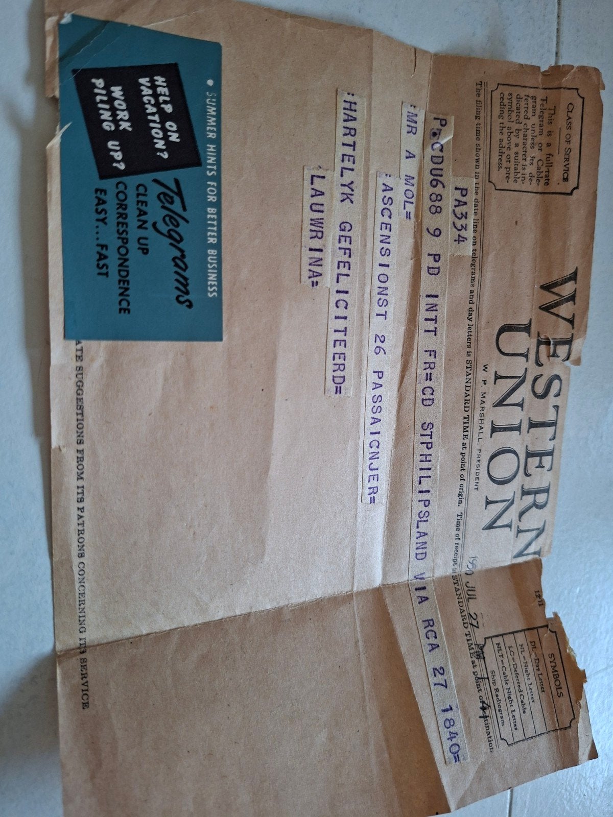 oud telegram 1950 Western Union van St Philipsland naar USA, Ophalen of Verzenden, Gebruikt
