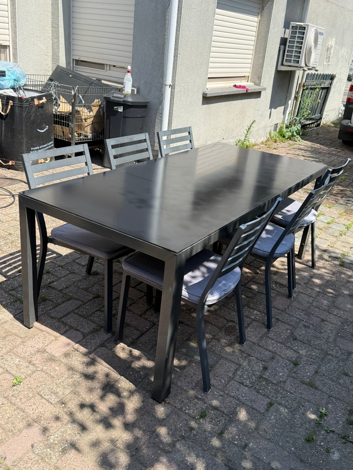 Aluminium tuinset met zwart glazen tafelblad – 6 stoelen, Ophalen, Zo goed als nieuw, Aluminium