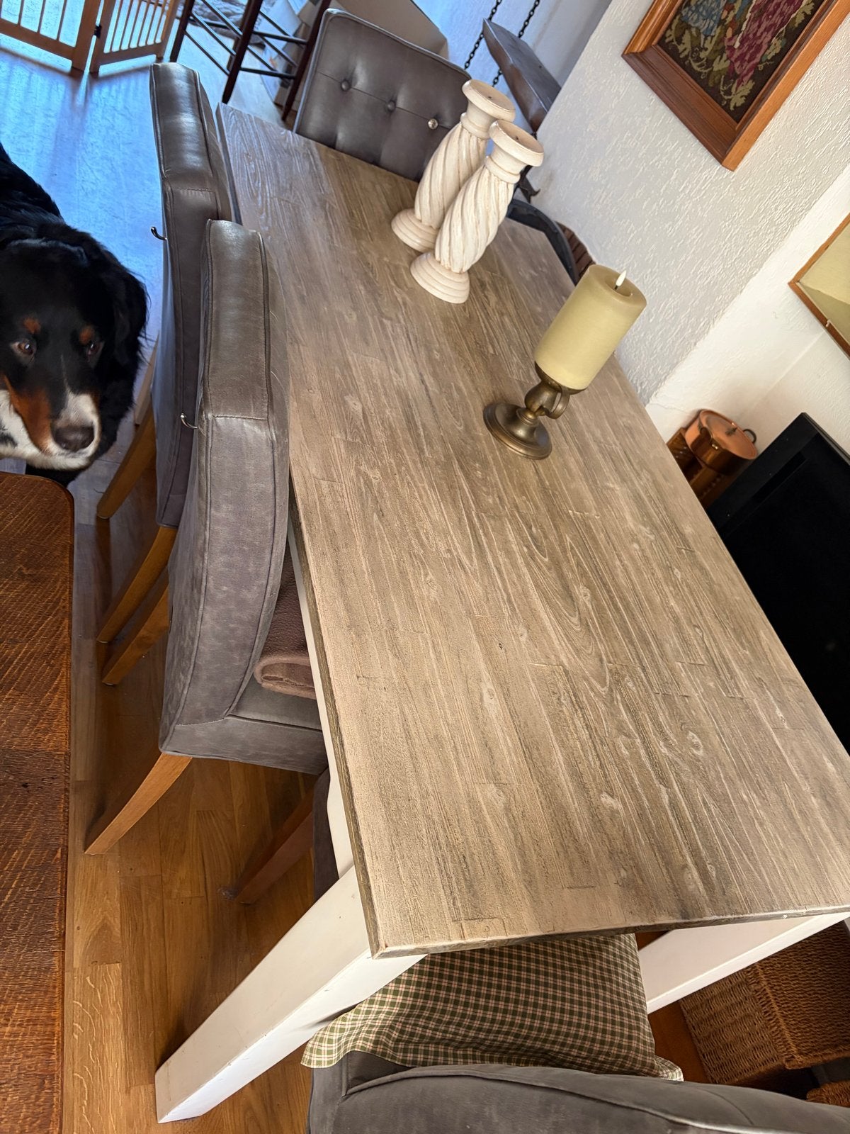Elegante eettafel met houten blad en witte poten, Ophalen, Gebruikt, 100 tot 150 cm, 50 tot 100 cm