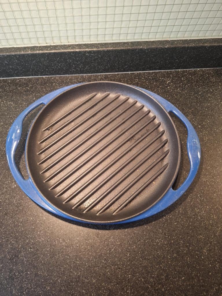 Le Creuset grillpan blauw - Gietijzeren grillpan, Ophalen of Verzenden, Gebruikt, Gietijzer, Koekenpan of Braadpan
