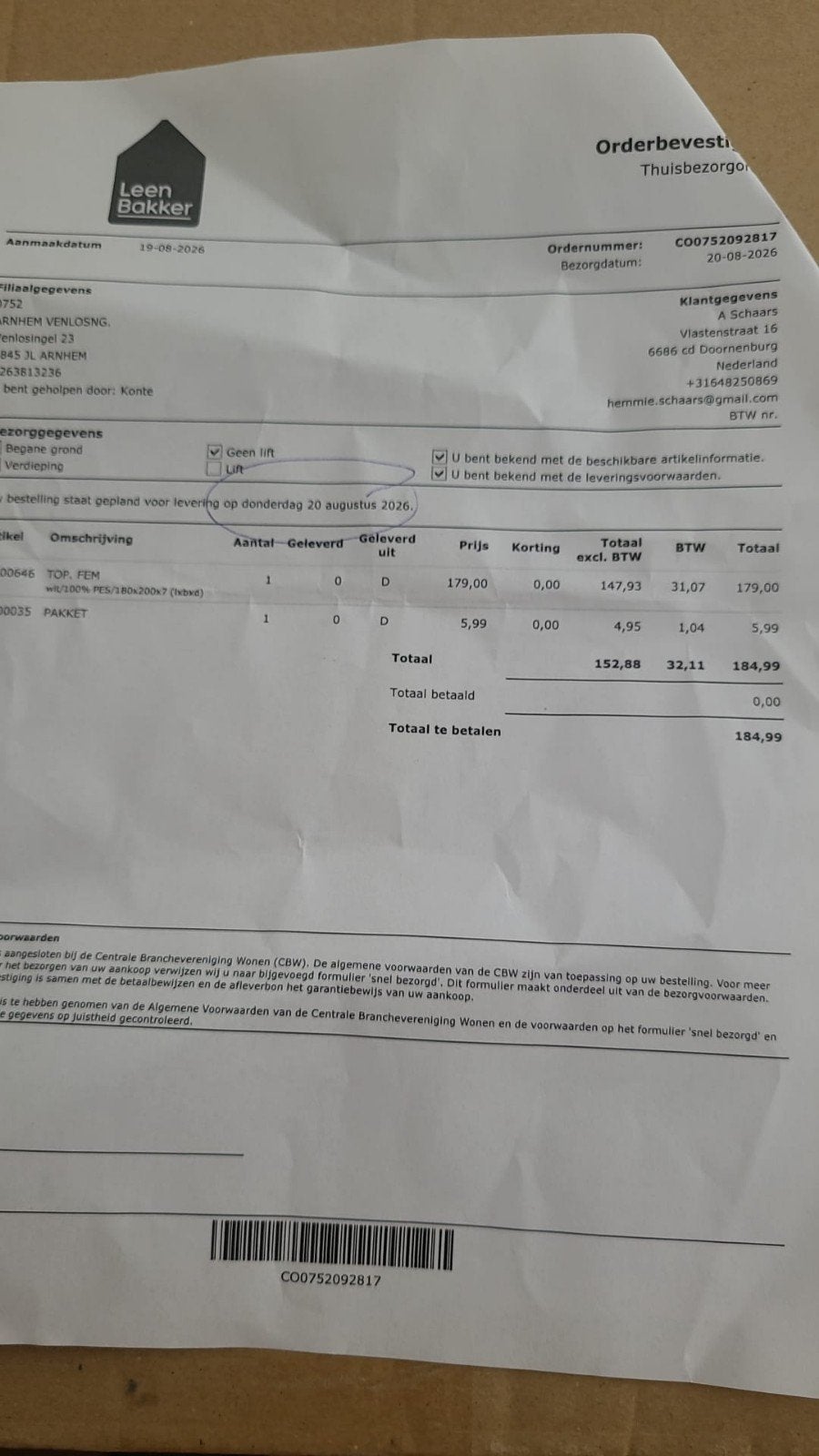 nieuwe topper, Huis en Inrichting, Slaapkamer | Matrassen en Bedbodems, Ophalen, Nieuw, Tweepersoons, 180 cm
