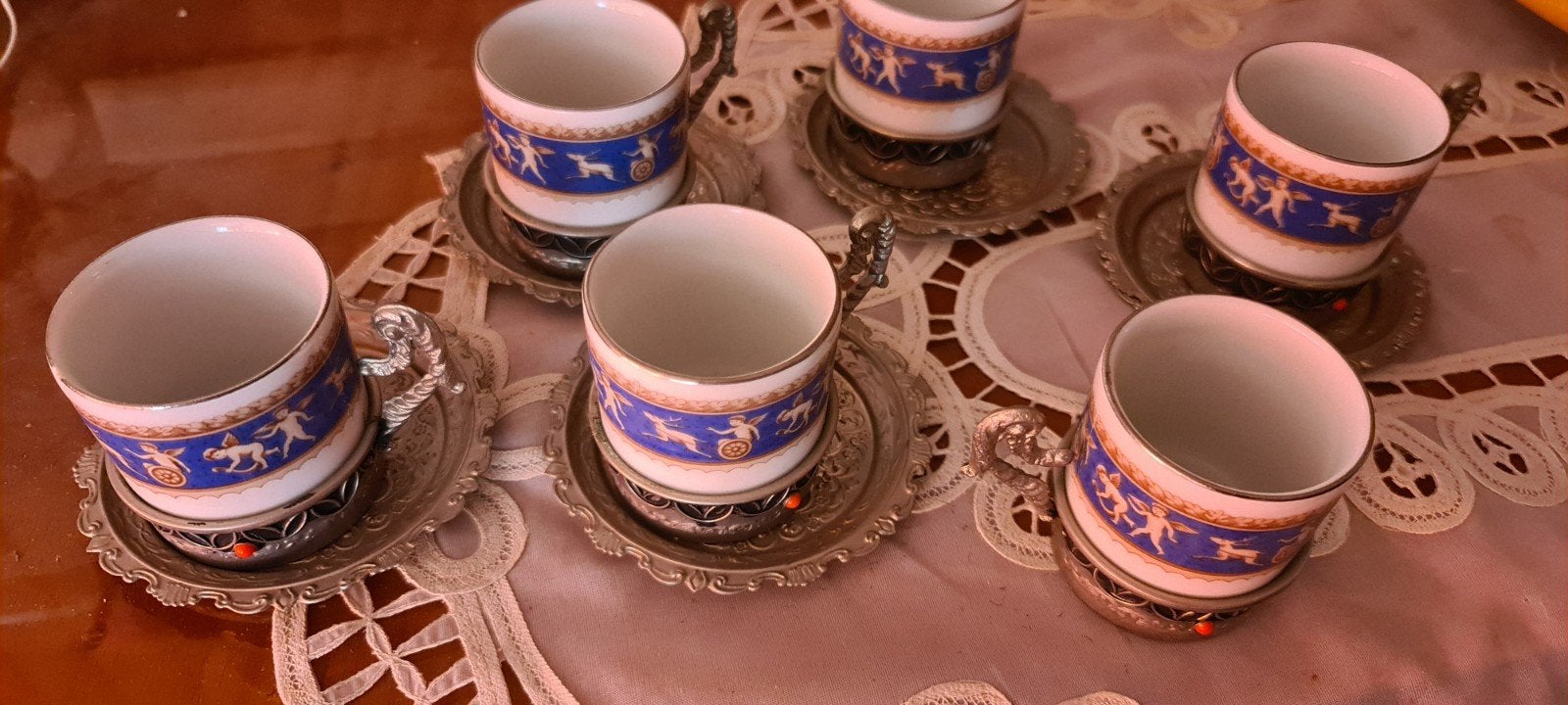 Set van 6 antieke Turkse koffiekopjes met houders, Ophalen of Verzenden