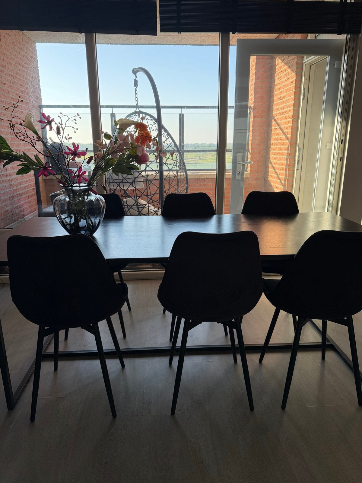 Zwarte eettafel 2m met 6 stoelen, Huis en Inrichting, Tafels | Eettafels, Zwart chique, Gebruikt, 200 cm of meer, Vijf personen of meer