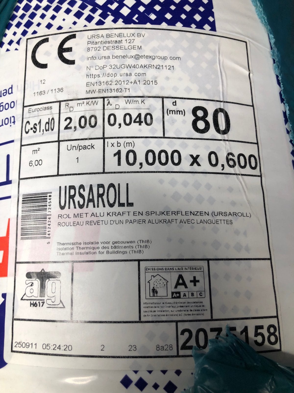 4 rollen URSA Glaswol isolatie 10m x 0.6m, 80mm dik, Ophalen, Vloerisolatie, Nieuw, 5 tot 10 m²