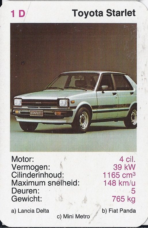 C299 autokaartje 1d - toyota starlet, Verzamelen, Ophalen of Verzenden, Zo goed als nieuw, Auto's
