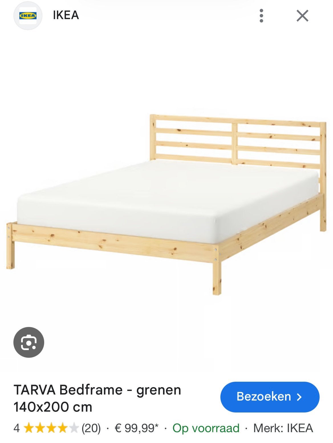 Grenen tweepersoonsbed + matras Ikea 140x200, Ophalen, Tweepersoons, 140 cm, Zo goed als nieuw