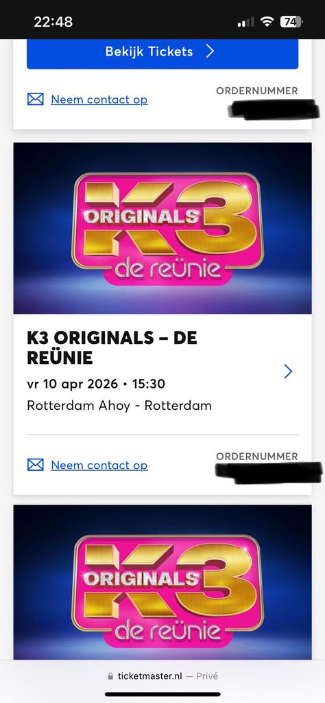 K3 Reünie 1x ticket Ahoy 10 April 15.30 staanplaats 1e rang, Eén persoon, April