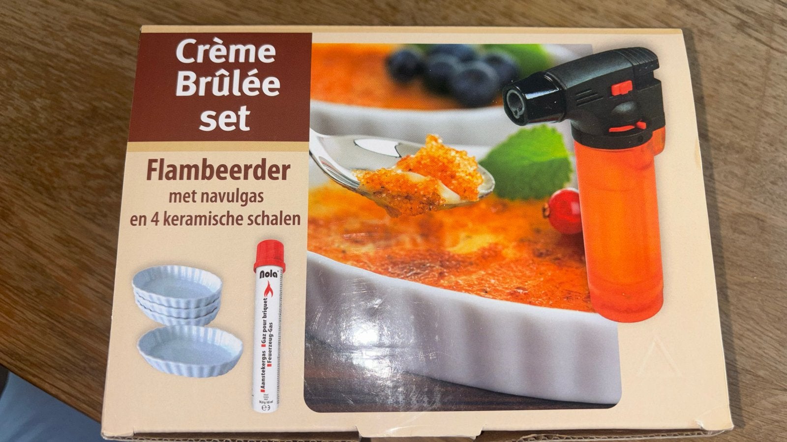Crème Brûlée set met brander en 4 schaaltjes, Overige typen, Nieuw, Ophalen of Verzenden, Steen/keramiek