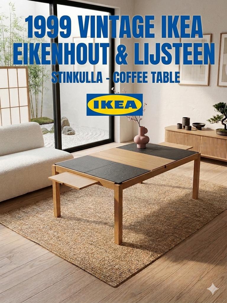Vintage IKEA koffietafel eiken met leistenen inleg, Huis en Inrichting, Ophalen, Japandi, Gebruikt, 100 tot 150 cm