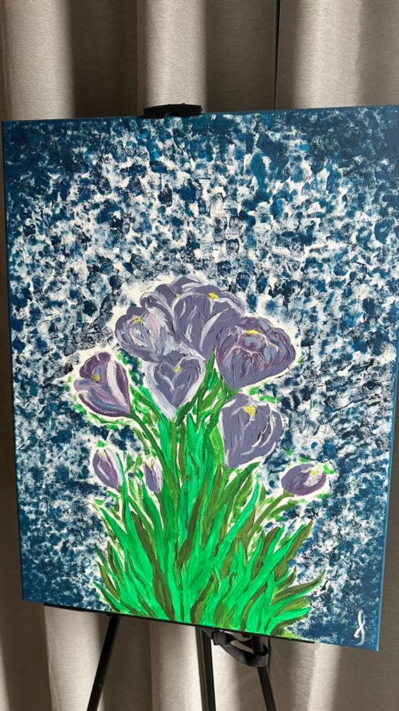 Olieverf op canvas - schilderij (crocus)60x80, Antiek en Kunst, Ophalen, Bloemen