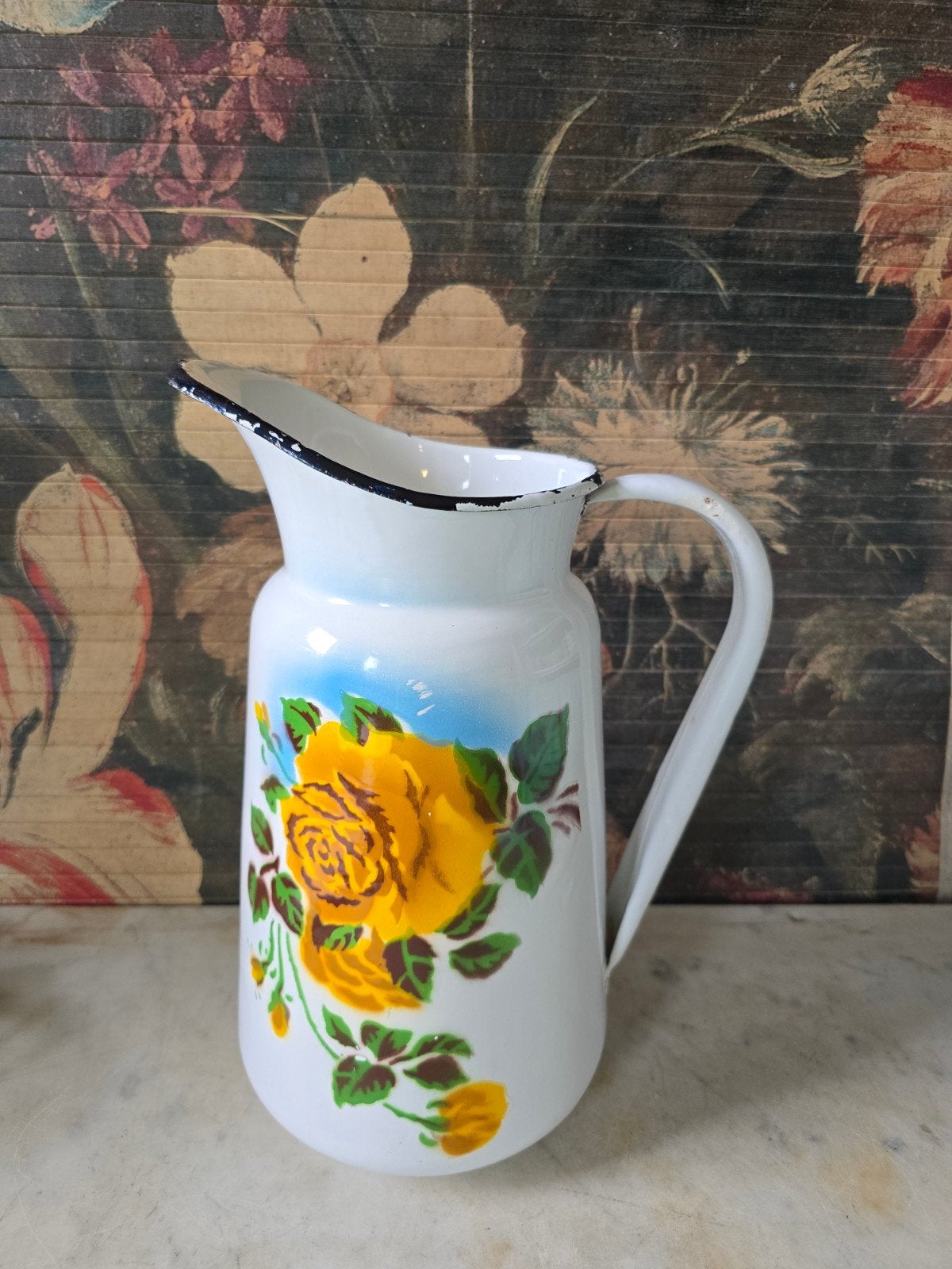 Emaille waterkan gele rozen, Antiek en Kunst, Antiek | Emaille, Ophalen of Verzenden