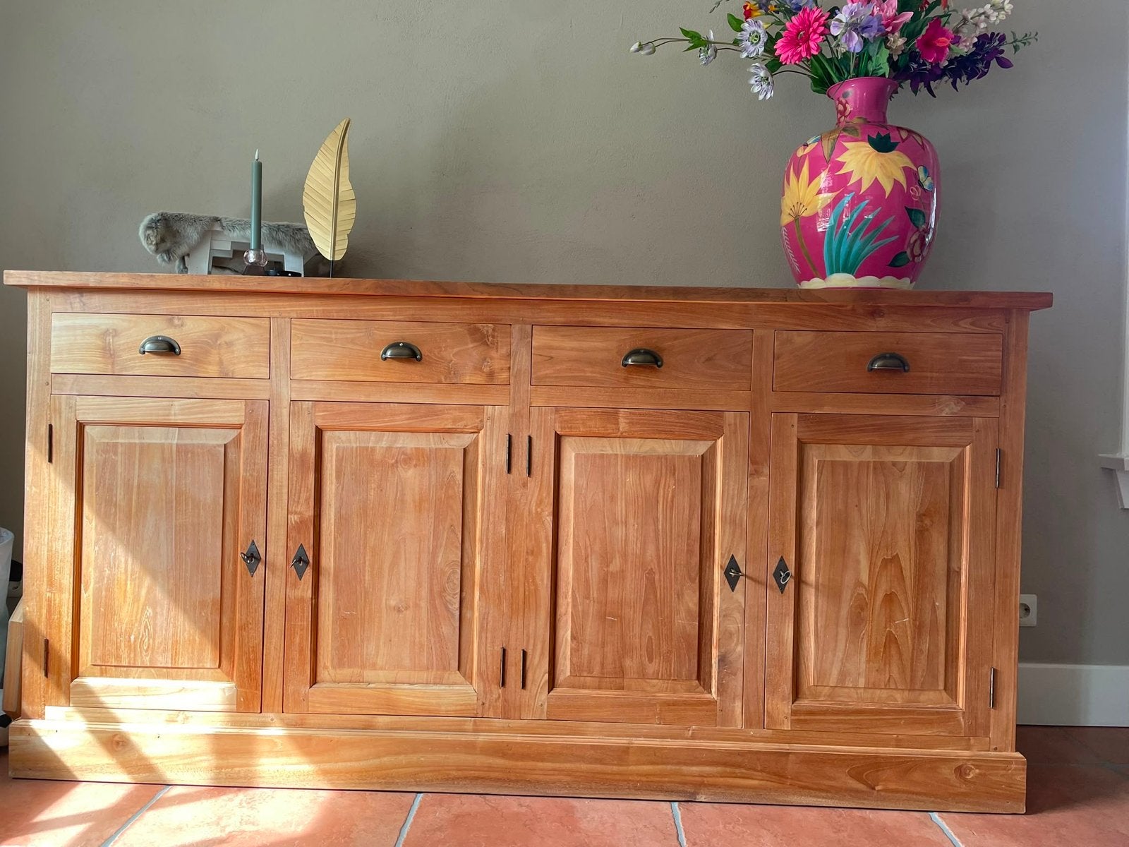 Mooi teakhouten dressoir - 2 meter breed, Gebruikt, Teakhout, Ophalen of Verzenden, 200 cm of meer