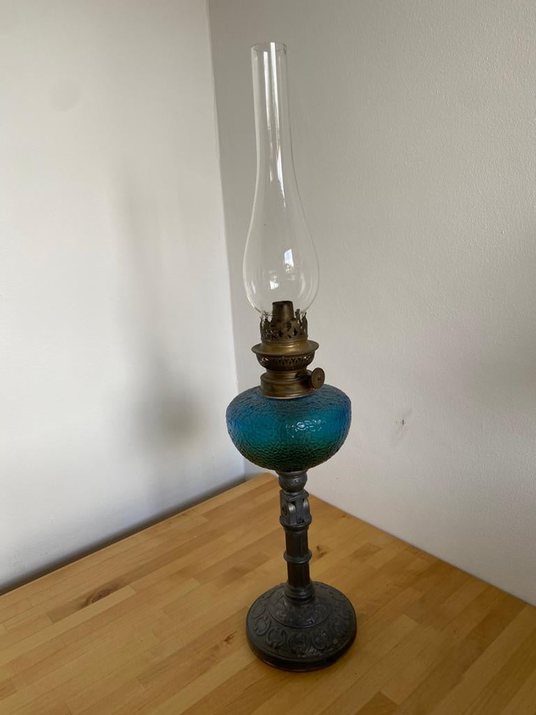 Antieke Olielamp - Staand of Wandmodel blauw glas, Ophalen of Verzenden
