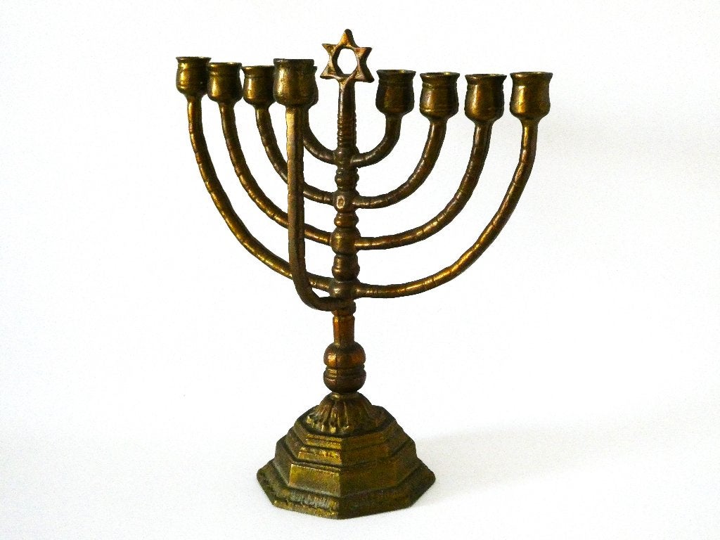 9 Armige bronzen Joodse Chanoeka kandelaar met Davidster, Ophalen of Verzenden, Koper of Brons