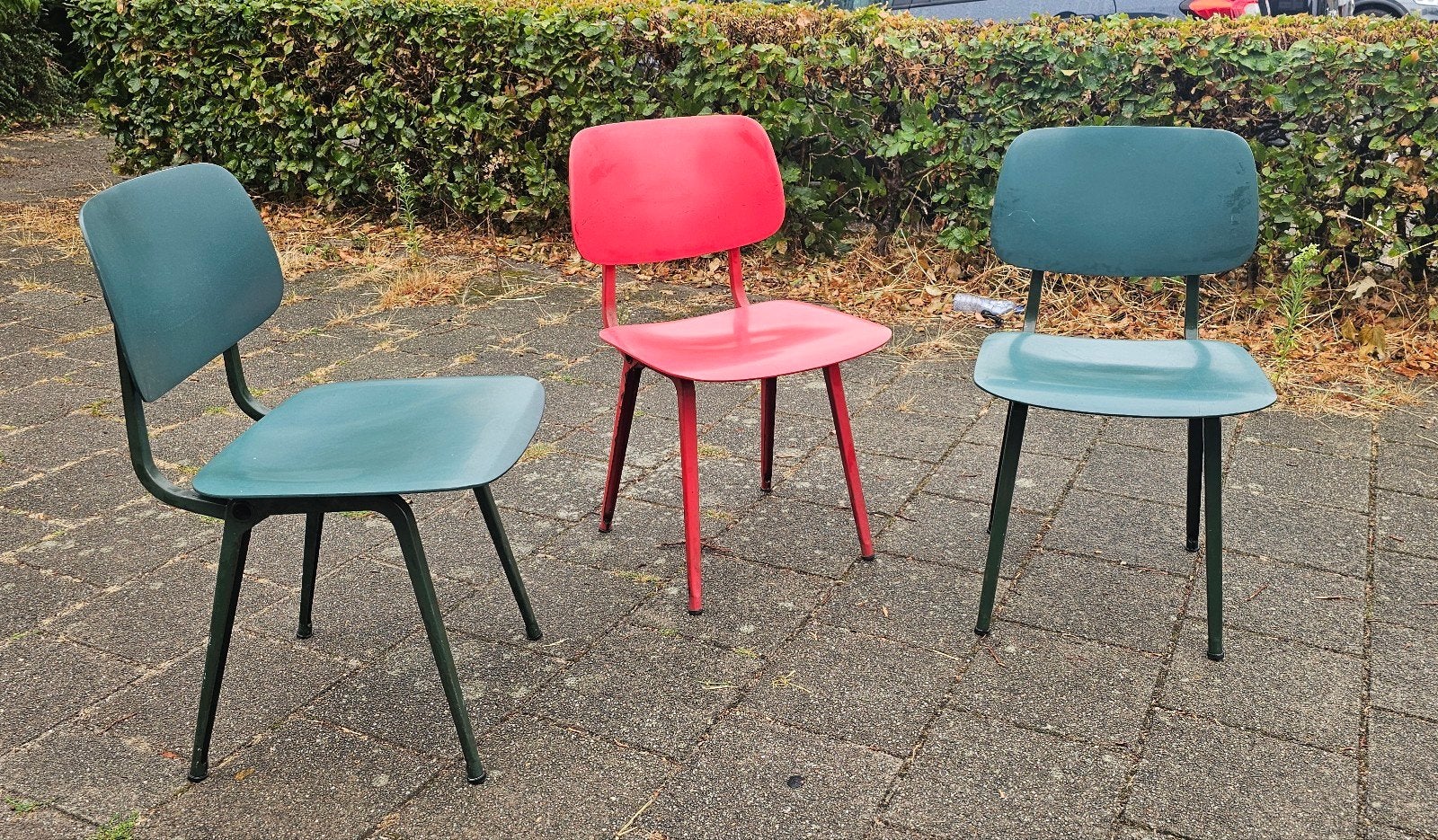set van 3 oude Friso Kramer revolt stoelen 
Niet gemerkt.
Ma, Huis en Inrichting, Stoelen, Ophalen, Gebruikt, Metaal