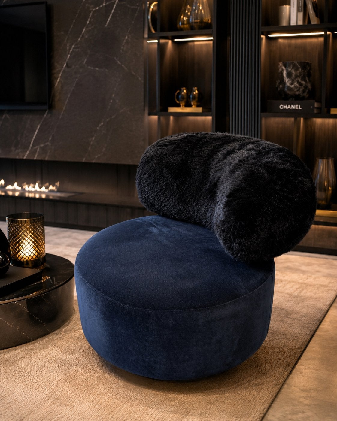 Luxe Design Draaifauteuil donkerblauw velvet, Ophalen, Zo goed als nieuw, Rond, Stof