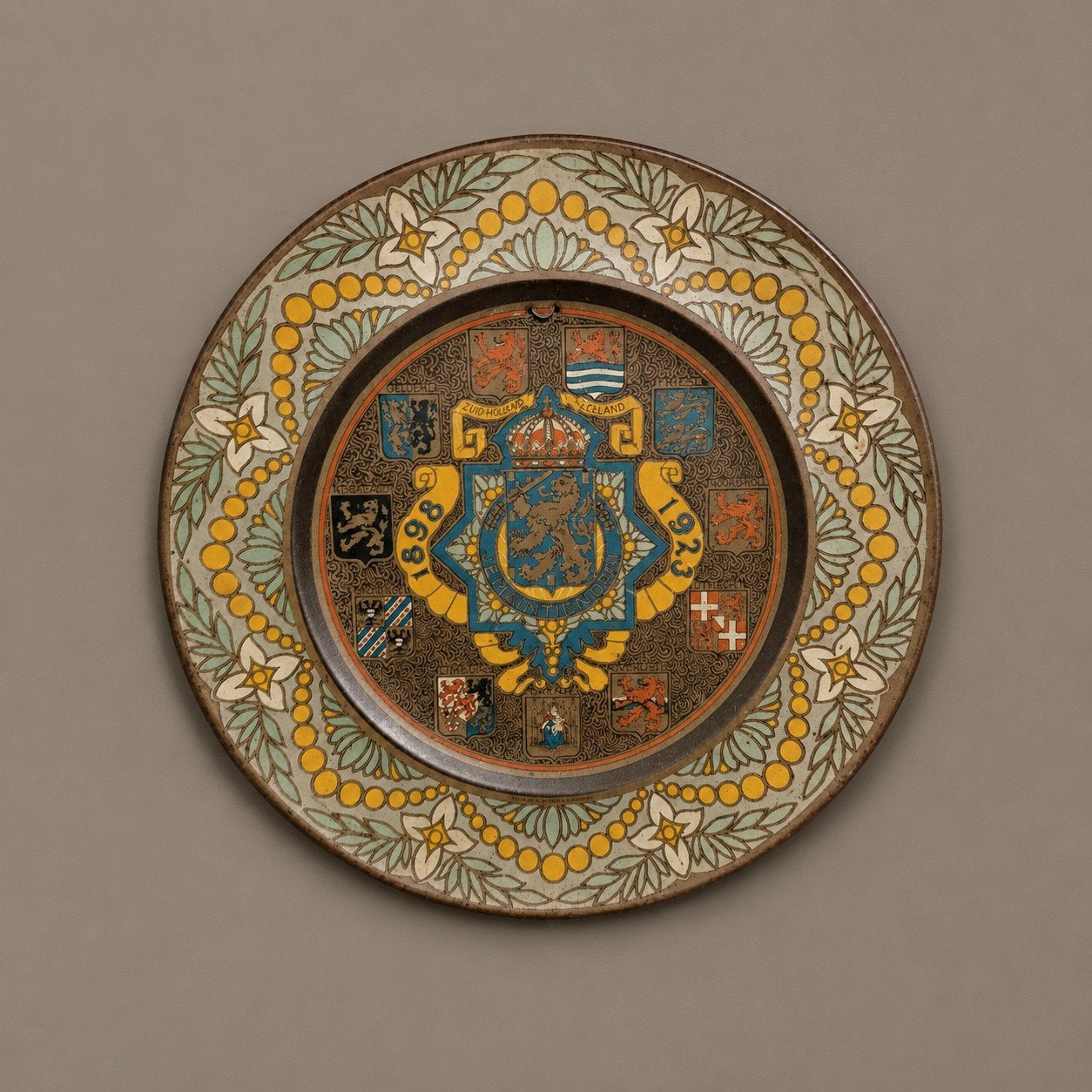 Metalen wandbord Wilhelmina 1898-1923 Jugendstil stijl, Ophalen of Verzenden