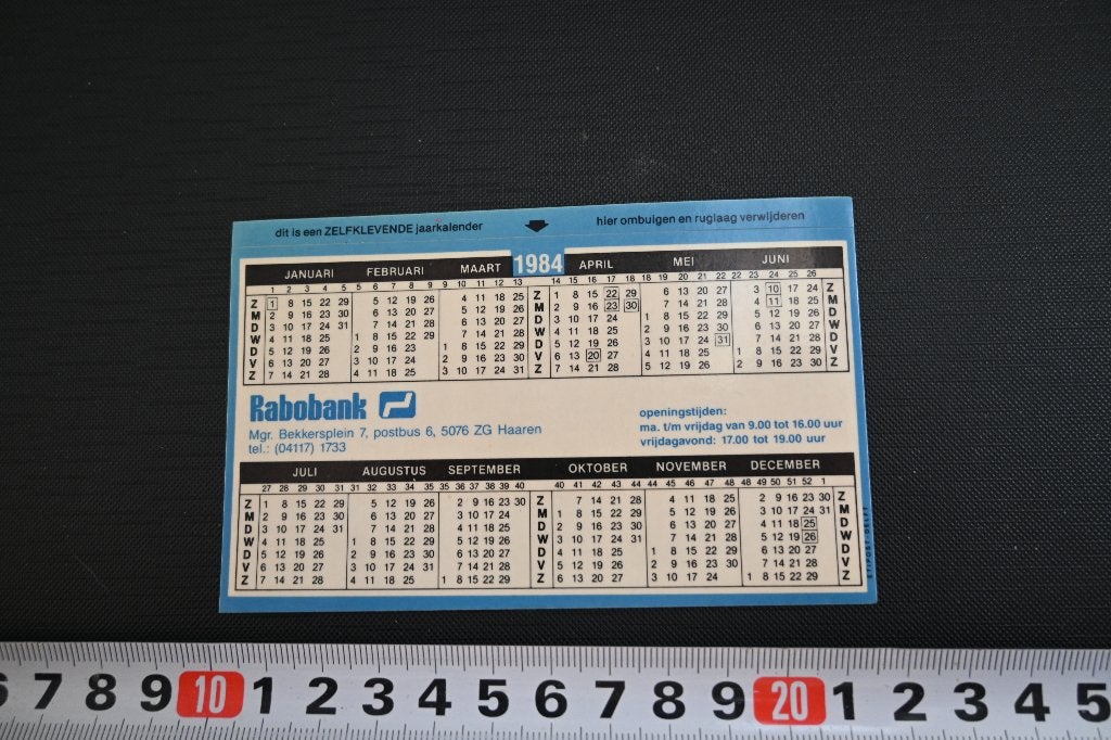 sticker kalender 1984 haaren rabobank mgr bekkersplein 7, Ophalen of Verzenden, Zo goed als nieuw
