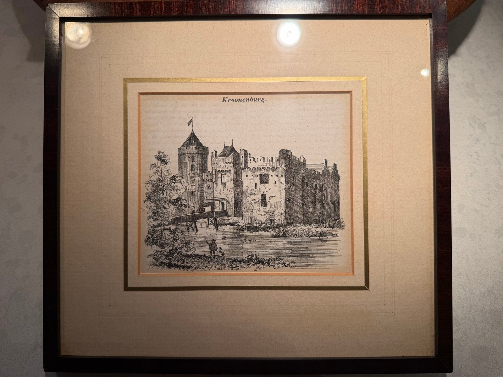 Houtgravure Kasteel Kroonenburg uit 1840, ingelijst, Ingelijst, 1800 - 1899, Architectuur, Ophalen of Verzenden