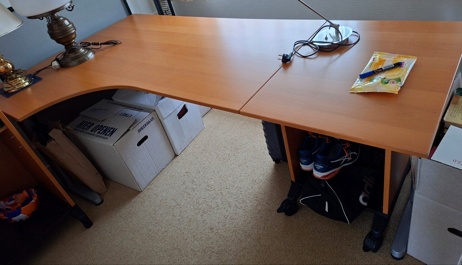 Hoekbureau met opbergruimte, lichtbruin, Huis en Inrichting, Bureaus, Ophalen, Opbergruimte, Hout, Hoekbureau