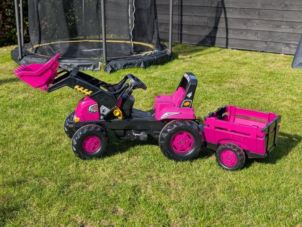 Rolly Toys roze traptractor met schepbak en aanhanger, Ophalen, Zo goed als nieuw, Trapvoertuig
