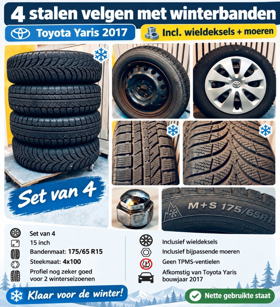 Winterbanden/Stalen velgen Toyota Yaris 15 inch 4x100, Auto-onderdelen, Ophalen, Gebruikt, 15 inch, Velg(en)
