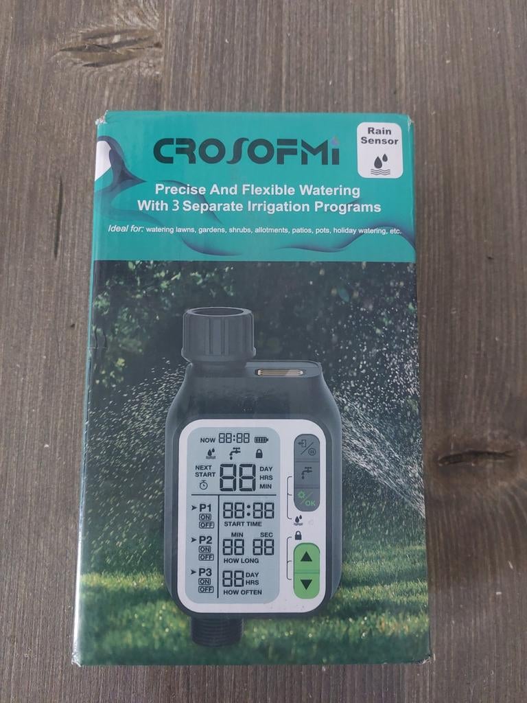 Crosofmi Water Timer met Regensensor - Nieuw in Doos, Tuin en Terras, Bewateringscomputers, Ophalen of Verzenden, Nieuw, Bestuurbaar via app