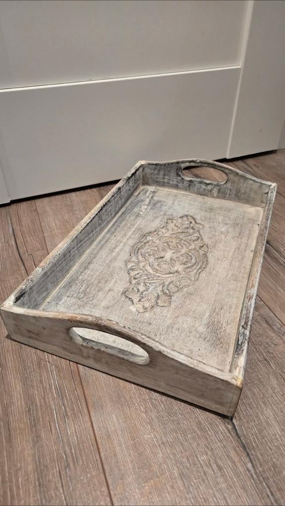 Houten dienblad met handvatten en decoratie, Ophalen of Verzenden, Rechthoekig, Hout