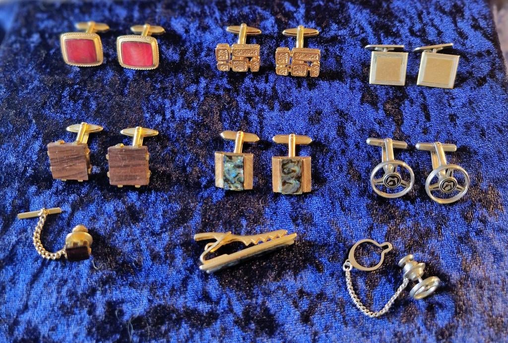 Vintage manchetknopen & stropdasclip set jaren '60, Ophalen of Verzenden, Gedragen, Overige kleuren, Met patroon