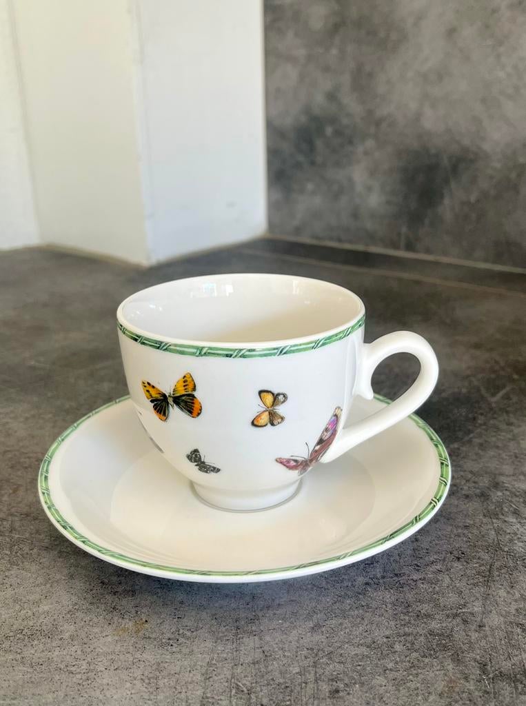 1x kop en schotel ‘vlinders’ Janneke Brinkman servies, Ophalen of Verzenden, Zo goed als nieuw, Overige stijlen, Kop(pen) en/of Schotel(s)
