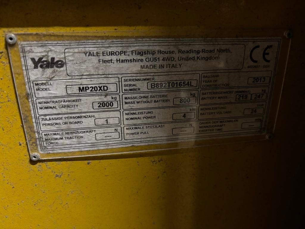 Yale MP20XD Stapelaar - 2000 kg Hefvermogen, 1000 tot 2000 kg, Ophalen, Elektrisch, Stapelaar