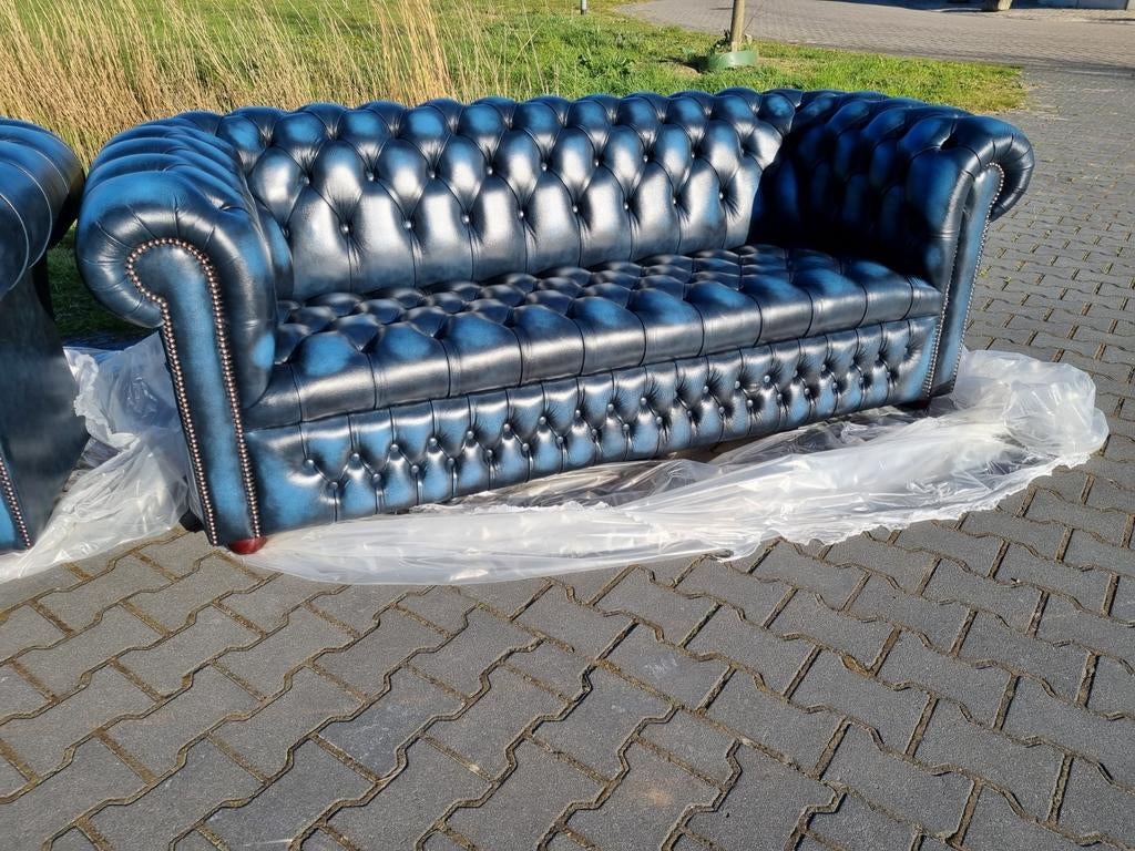 Engelse Chesterfield bank blauw gevlamd + GRATIS BEZORGING