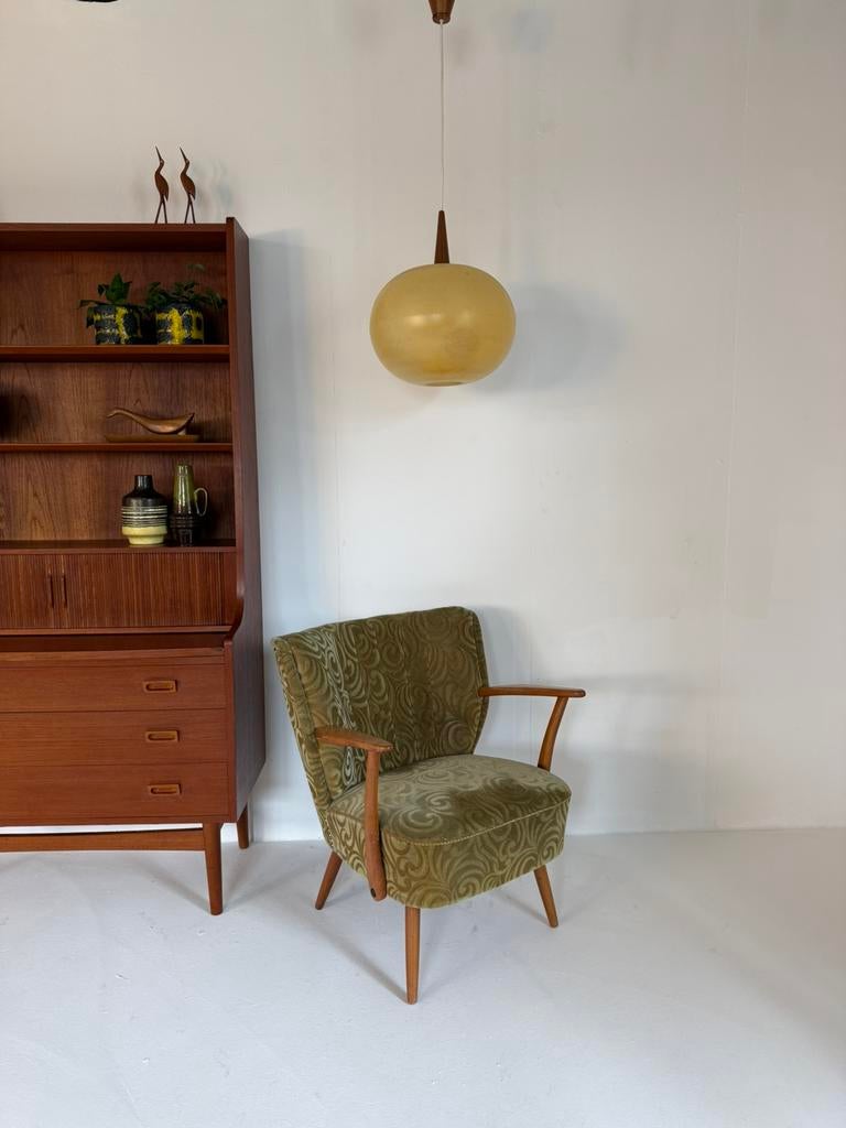 Vintage Deense teak & kunststof hanglamp ‘60, Ophalen of Verzenden, Zo goed als nieuw, Hout, Vintage retro buisframe design rotan webbing papercord deens