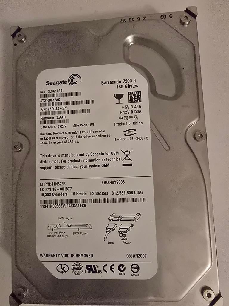 Seagate Barracuda 7200.9 160GB HDD SATA, Computers en Software, Harde schijven, Intern, Gebruikt, 160GB, Ophalen of Verzenden