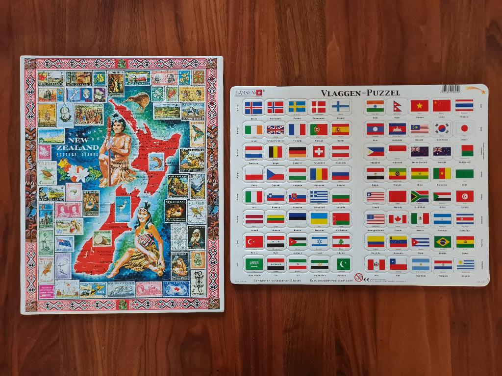 puzzel postzegels Nieuw-Zeeland en puzzel vlaggen, Ophalen of Verzenden, Minder dan 500 stukjes, Zo goed als nieuw, Legpuzzel