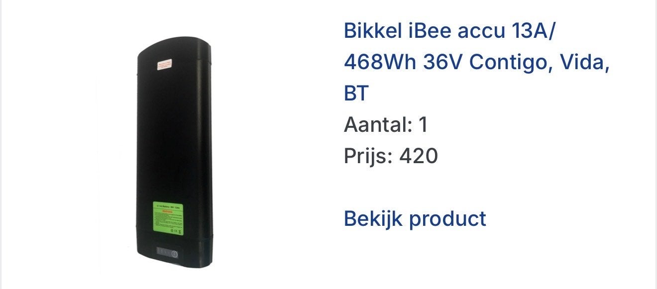 Bikkel iBee accu 13A/468Wh 36V Contigo, Vida, BT, Ophalen, Gebruikt