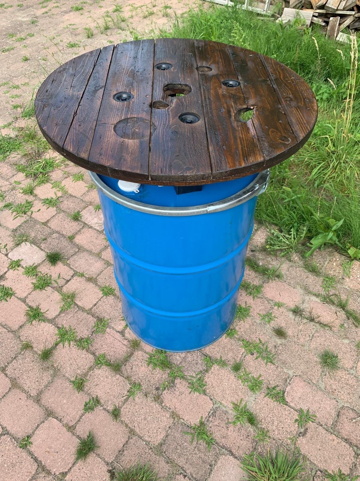 Unieke statafel van kabelhaspel en olievat, Ophalen, Gebruikt, Rond, Hout