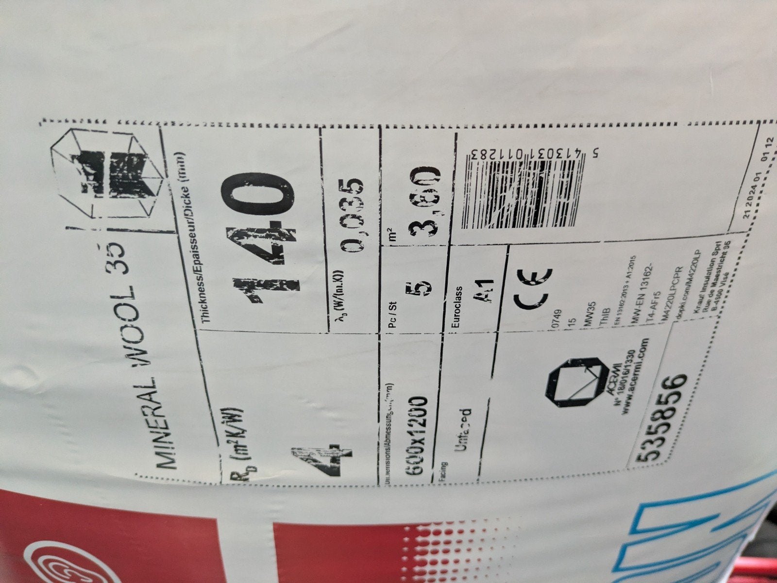 Knauf MW 35 - Minerale Wol - 1200x600x140mm - Rd 4.00 (5pl/p, Ophalen, Dakisolatie, 12 cm of meer, Nieuw