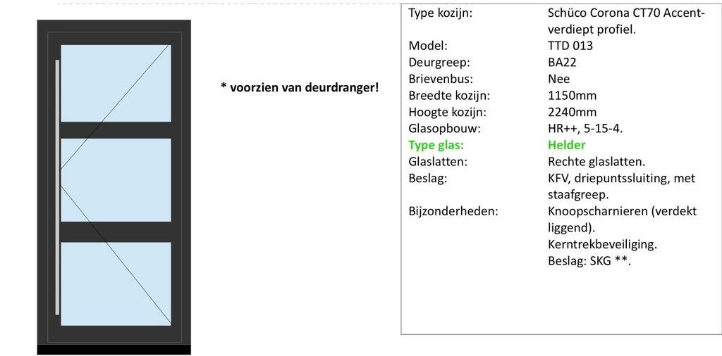 Voordeur Schüco Corona CT 70 verdiept profiel, Ophalen of Verzenden, Nieuw, Kunststof