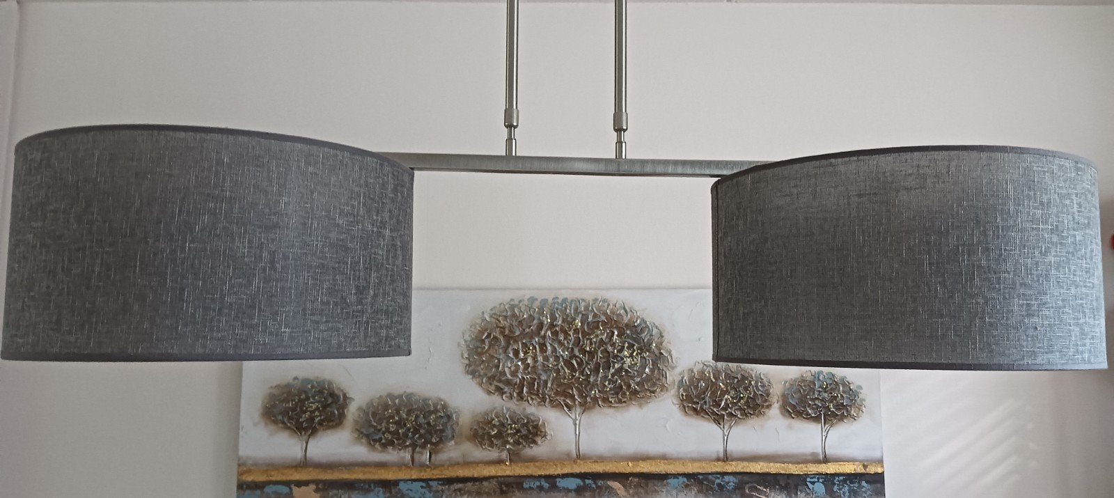 Moderne hanglamp met twee grijsbruine stoffen kappen, Ophalen, Metaal, E27 (groot), Zo goed als nieuw