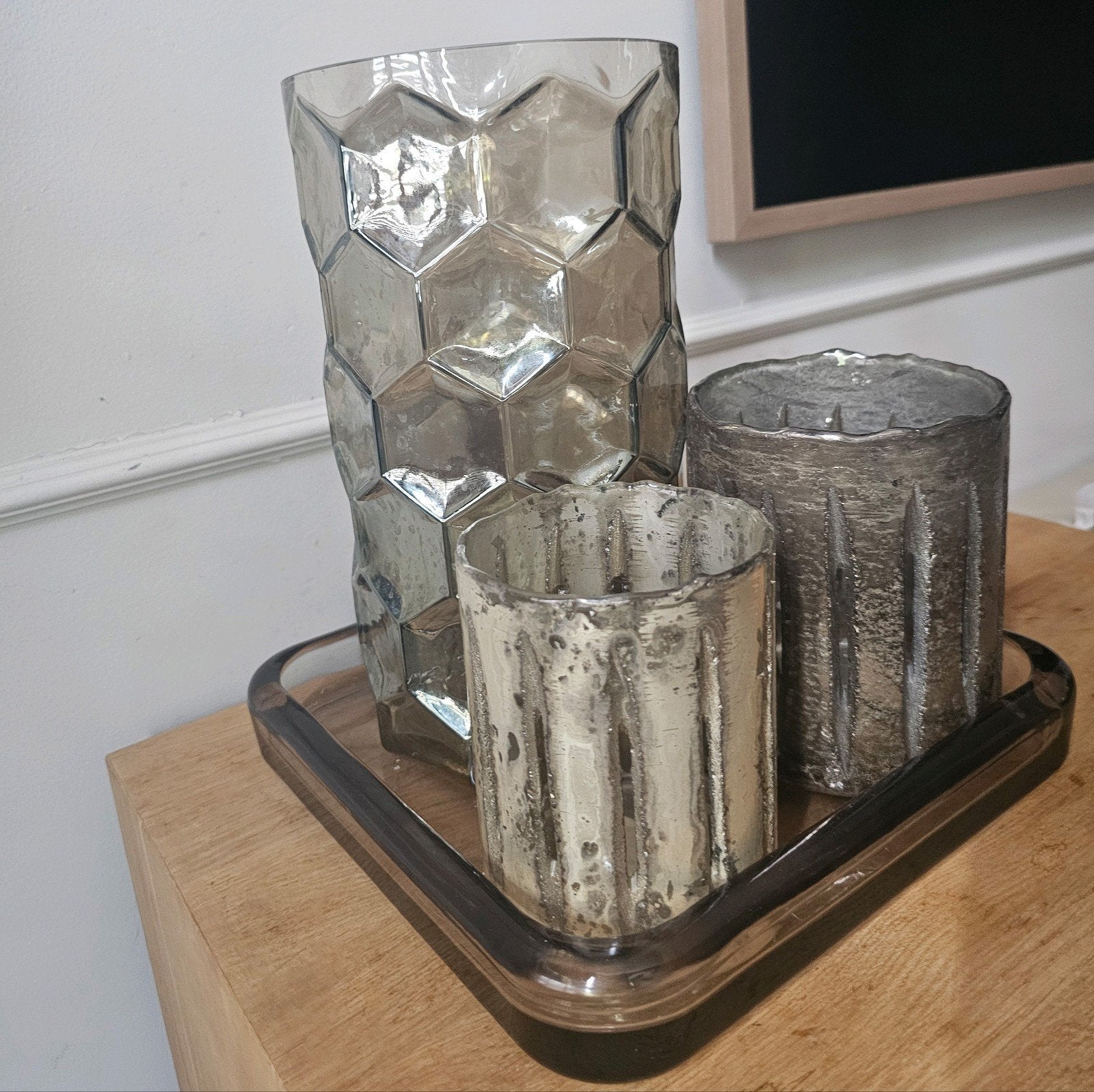PTMD glazen vazen set + smoke glazen dienblad, Glas, Ophalen, Zo goed als nieuw