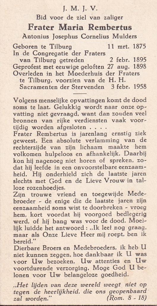 Mulders Antonius 1875 Tilburg 1958  priester, Ophalen of Verzenden, Bidprentje
