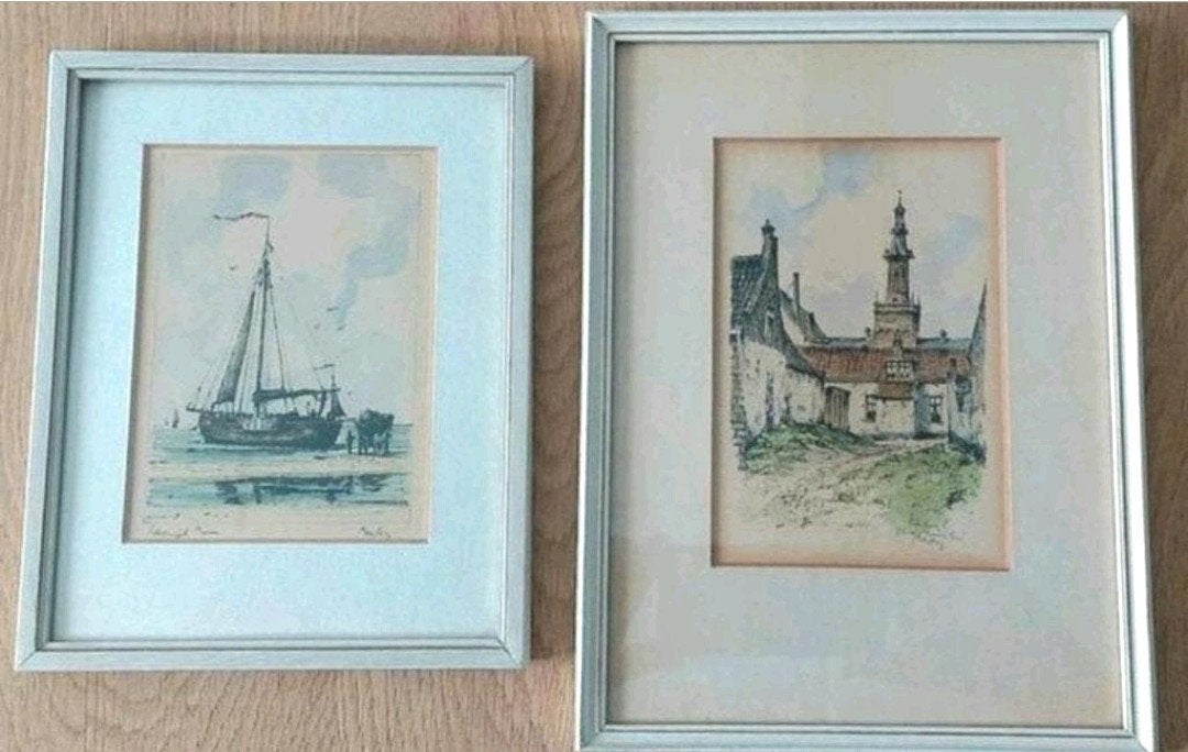2x Aquarel Katwijk... ingelijst ... gesigneerd met potlood ., Ophalen of Verzenden
