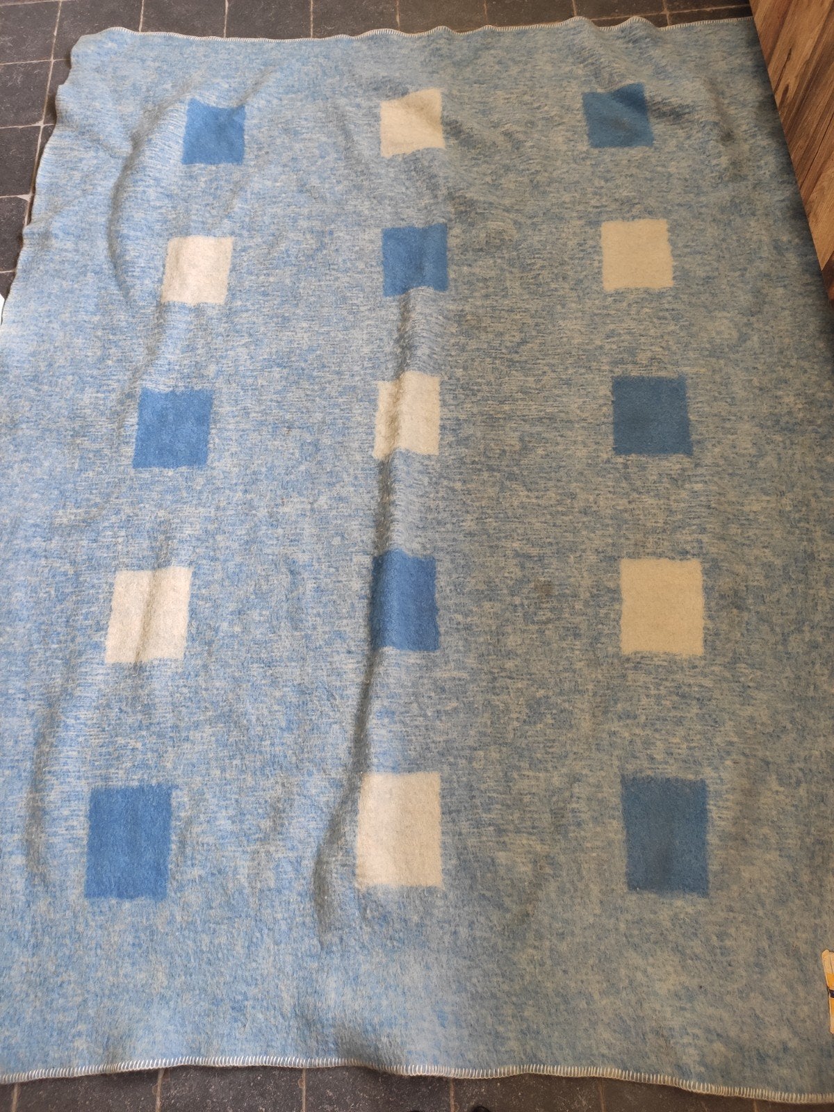 Vintage wollen deken, blauw/wit, Gebruikt, Ophalen of Verzenden, Deken of Dekbed, Wol