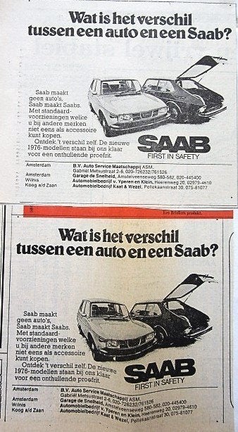 3 vintage advertentie reclame Saab autos 1975-98 93, Ophalen of Verzenden, Gebruikt, Auto's