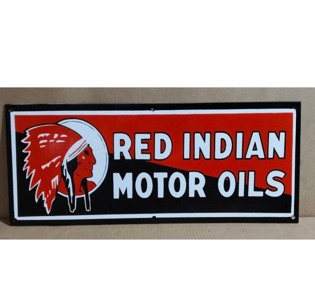 red indian motor oils Emaille Reclamebord, Ophalen of Verzenden, Gebruikt, Reclamebord