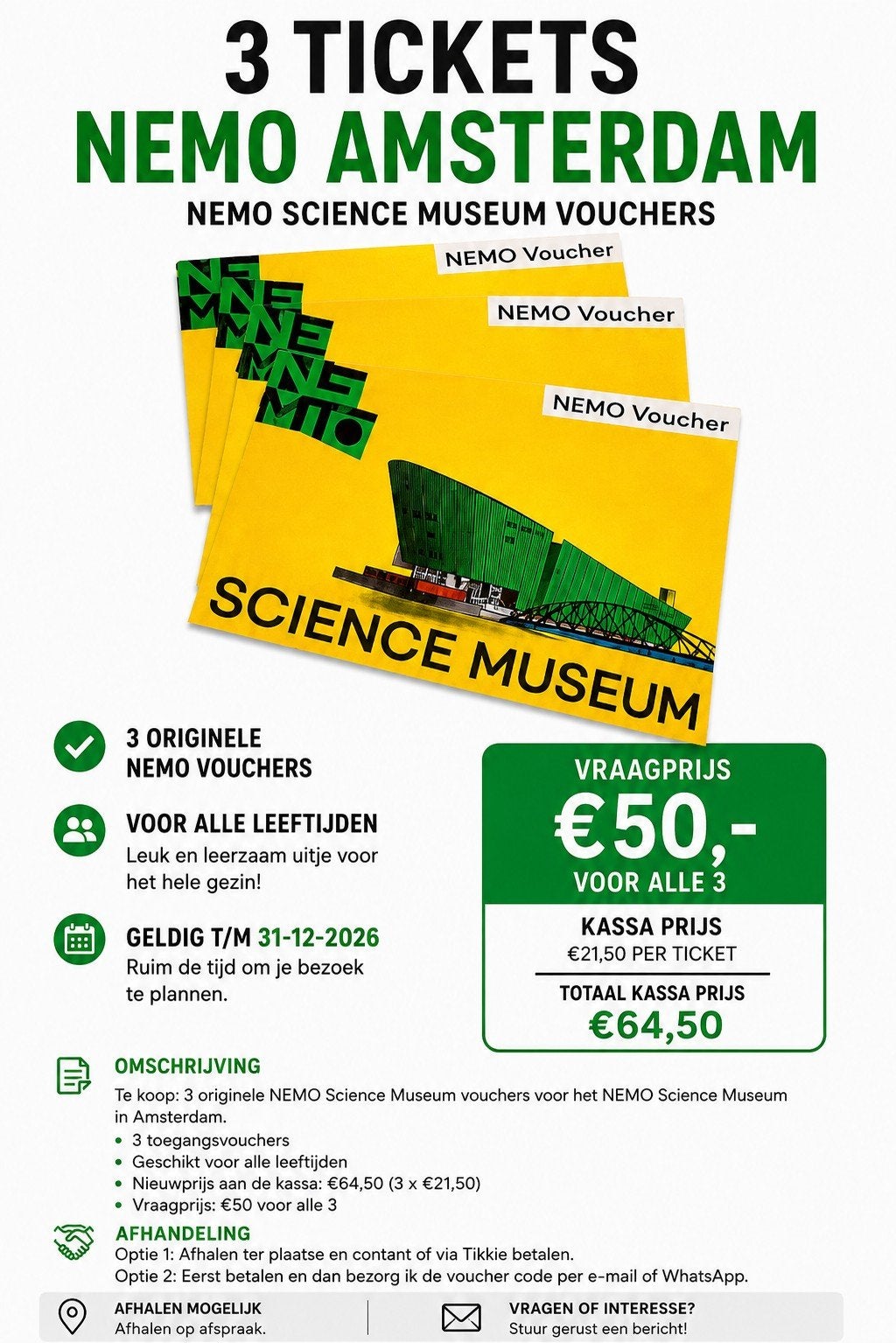 3 x NEMO Science Museum vouchers, Tickets en Kaartjes, Drie personen of meer, Museumbon